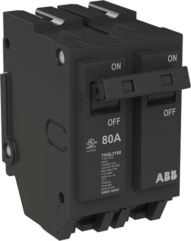 ABB Q-Line® THQL2180P Circuit Breaker • 80 Amp Double-Pole Breaker • 120/240 VAC • 10 kAIC Interrupt Rating • Thermal Magnetic Plug-On Breaker for Load Centers in Kuwait