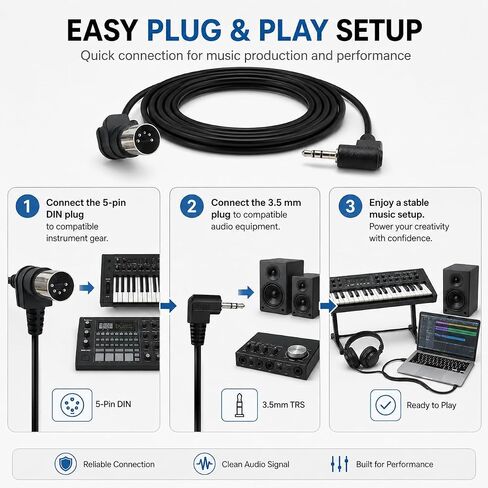 كابل vhbw 2-Pack TRS 3.5mm MIDI، 1.5m/59in TRS إلى ذكر 5-Pin DIN MIDI مهائي كابلات لمزامنة لوحات المفاتيح وDAWs in Kuwait