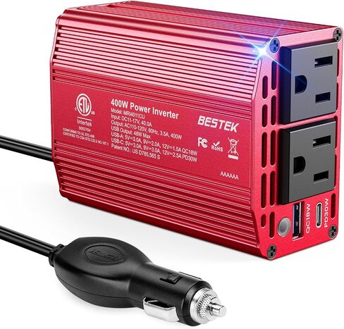Bestek 400W عاكس طاقة السيارة للمركبات - DC 12v إلى AC 110v منفذ محول قابس السيارة مع PD 30W USB-C وUSB-A 3.0 شحن سريع، شاحن سيارة ومحول ولاعة السجائر للكمبيوتر المحمول، رحلة الطريق، التخييم in Kuwait