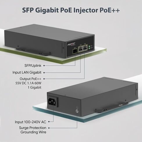 PROCET PoE Injector SFP Gigabit Uplink PoE++ 60 وات، غلاف معدني، -40 درجة فهرنهايت إلى 149 درجة فهرنهايت لنقطة الوصول اللاسلكية، جسر mmWave، كاميرا PTZ AI، خلية صغيرة، مصنع ذكي، عرض الأكشاك التجارية in Kuwait