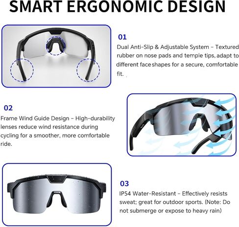 Smart AI Glasses with Camera, Video Recording Glasses with Anti-Shake, Smart Bluetooth Sunglasses for Men Women, Noise Cancellation, Voice Assistant, Smart Sunglasses For Hiking/Cycling/Running in Saudi Arabia