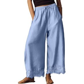 Women Elastic Waist Wide Leg Pants with Lace Patchwork Hem Casual Loose Fit Trousers for Daily Wear in Kuwait