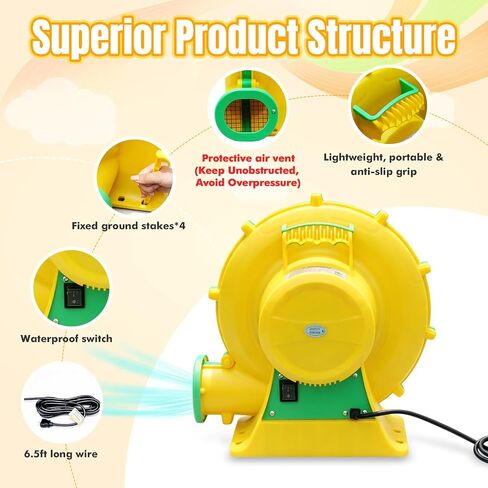 Commercial Bounce House Air Blower for Inflatables, 950 Watt ETL Certified Electric Blower, Perfect for Commercial Inflatable Bounce House Water Slide and Bouncy Castle Indoor & Outdoor Yellow in Kuwait