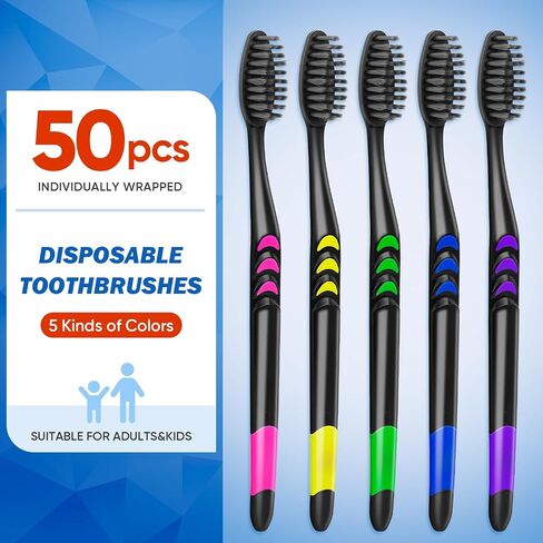 50 PCS Premium Individually Wrapped Bulk Toothbrush Pack, Disposable Toothbrushes, Kids Toothbrush, Medium Soft Bristle Tooth Brushes, Ergonomics Handle, Perfect for Travel Camping Hotel Donation in Kuwait
