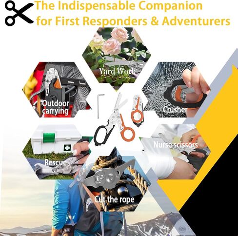 مقصات الصدمات متعددة الوظائف 6 في 1 للمستجيبين لحالات الطوارئ، وحالات الطوارئ في التخييم في الهواء الطلق، والموظفين الطبيين، وأدوات مقص من الفولاذ المقاوم للصدأ عالية القوة قابلة للطي مع حافظة أدوات (أسود برتقالي) in Kuwait