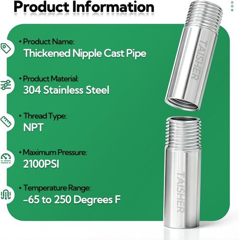 TAISHER 2PCS Stainless Steel Pipe Fittings, 1/2" NPT Male x 1/2" NPT Female Threaded, 2" Length Thickened Nipple Cast Pipe in Kuwait