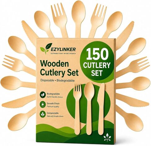 100% Compostable Cutlery Set - 150 Pieces Wooden Utensil Set [50 Wooden Forks, Wooden Spoons, Knives] - Disposable Wooden Cutlery, Eco Friendly Forks, Spoons, Knives Set Compostable Utensils in Kuwait