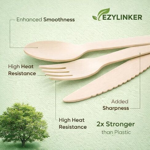 100% Compostable Cutlery Set - 150 Pieces Wooden Utensil Set [50 Wooden Forks, Wooden Spoons, Knives] - Disposable Wooden Cutlery, Eco Friendly Forks, Spoons, Knives Set Compostable Utensils in Kuwait