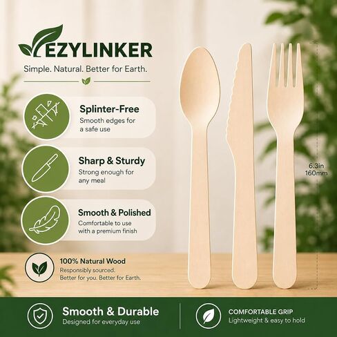 100% Compostable Cutlery Set - 150 Pieces Wooden Utensil Set [50 Wooden Forks, Wooden Spoons, Knives] - Disposable Wooden Cutlery, Eco Friendly Forks, Spoons, Knives Set Compostable Utensils in Kuwait