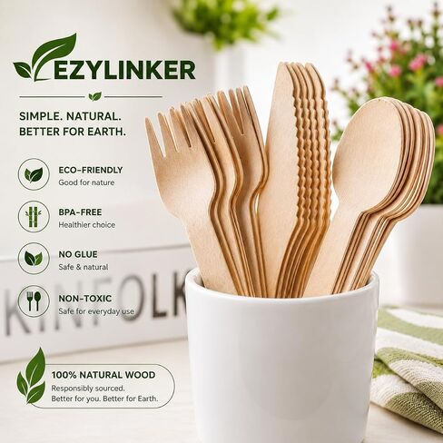 100% Compostable Cutlery Set - 150 Pieces Wooden Utensil Set [50 Wooden Forks, Wooden Spoons, Knives] - Disposable Wooden Cutlery, Eco Friendly Forks, Spoons, Knives Set Compostable Utensils in Kuwait