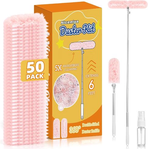 50 PCS Duster Refills with 6 FT Extendable Handle, Heavy Duty Duster Refills Kit Compatible with Swiffer, 360 Disposable Microfiber Duster Pads for Ceiling Fan, Blind & Hard to Reach Areas Cleaning in Kuwait