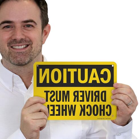 SmartSign 7 x 10 inch “Caution - Driver Must Chock Wheels" Rear View Mirror OSHA Sign, Digital Printing, 55 mil HDPE Plastic, Black and Yellow in Kuwait
