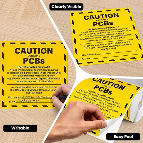 100 عبوة تحذير تحتوي على ملصقات PCB للمواد الخطرة | 6 × 6 بوصات، ورق مطلي قابل للكتابة، ذاتي اللصق، قشر والصق، نص مطبوع مسبقًا، للمحولات والنفايات in Kuwait