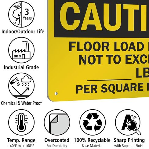 SmartSign 7 × 10 بوصة "تحذير - يجب عدم تجاوز حد التحميل على الأرضية... رطل لكل قدم مربع" لافتة OSHA قابلة للكتابة، طباعة رقمية، 55 مل من بلاستيك HDPE، أسود وأصفر in Kuwait