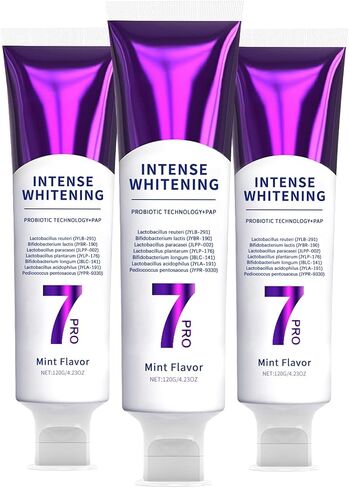3Pack 7 PRO Toothpaste Whitening, Intense Teeth Whitening Toothpaste for Adults | Fluoride-Free | Sensitivity Safe | Purple Beads | Fresh Breath | Help Remove Tea & Coffee Stains | Mint Flavor in Kuwait
