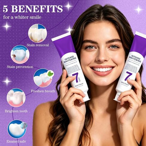 3Pack 7 PRO Toothpaste Whitening, Intense Teeth Whitening Toothpaste for Adults | Fluoride-Free | Sensitivity Safe | Purple Beads | Fresh Breath | Help Remove Tea & Coffee Stains | Mint Flavor in Kuwait
