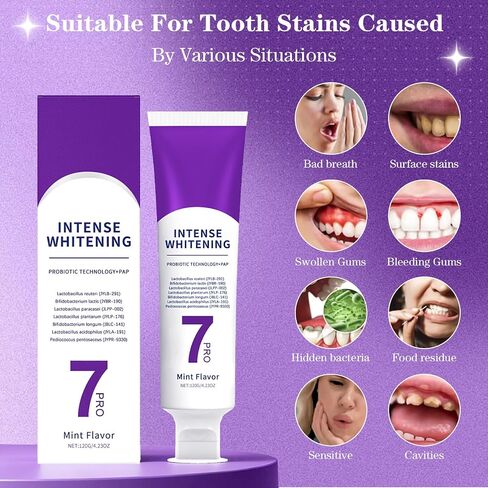3Pack 7 PRO Toothpaste Whitening, Intense Teeth Whitening Toothpaste for Adults | Fluoride-Free | Sensitivity Safe | Purple Beads | Fresh Breath | Help Remove Tea & Coffee Stains | Mint Flavor in Kuwait