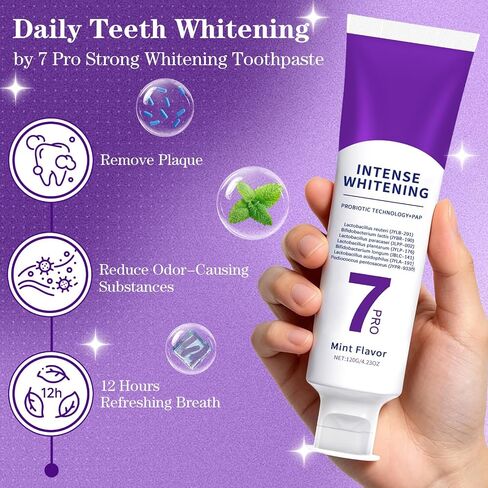 3Pack 7 PRO Toothpaste Whitening, Intense Teeth Whitening Toothpaste for Adults | Fluoride-Free | Sensitivity Safe | Purple Beads | Fresh Breath | Help Remove Tea & Coffee Stains | Mint Flavor in Kuwait