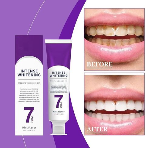 3Pack 7 PRO Toothpaste Whitening, Intense Teeth Whitening Toothpaste for Adults | Fluoride-Free | Sensitivity Safe | Purple Beads | Fresh Breath | Help Remove Tea & Coffee Stains | Mint Flavor in Kuwait