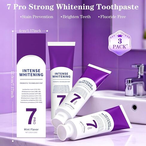 3Pack 7 PRO Toothpaste Whitening, Intense Teeth Whitening Toothpaste for Adults | Fluoride-Free | Sensitivity Safe | Purple Beads | Fresh Breath | Help Remove Tea & Coffee Stains | Mint Flavor in Kuwait