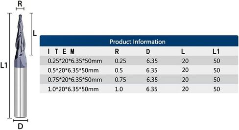 4 قطعة مطحنة نهاية كربيد التنغستن الصلبة R0.25-R1.0 2 الناي مدبب الكرة الأنف 1/4 "عرقوب CNC تفتق الخشب قاطعة المطحنة المعدنية in Kuwait