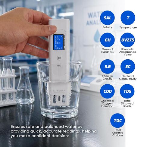 9-in-1 Water Quality Tester with UV Absorbance for COD/TOC/UV275, EC/TDS/Salinity/GH/S.G./Temp, Water Quality Tester for Home, RV, Hiking, Camping, Travel, Well - Tap, Purified, Ground, Seawater in Kuwait
