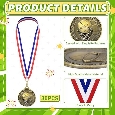 30 Pcs Basketball Medals Bulk, 2 Inch Gold Award Medals with Neck Ribbon,Team Participation Trophies Metal Medal for Basketball Teams, Tournaments, Leagues & Participation in Kuwait
