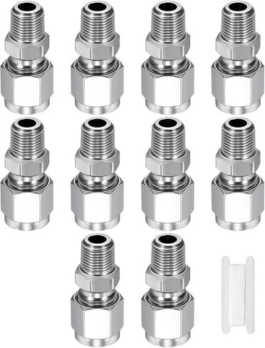 10 Pack 304 Stainless Steel Compression Tube Pipe Fitting, 1/4" OD Compression x 1/8" NPT Male Union Connector, Straight Coupling Adapter Pipe Fitting with Double Ferrules Tape in Kuwait