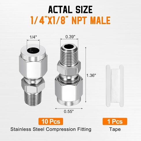 10 Pack 304 Stainless Steel Compression Tube Pipe Fitting, 1/4" OD Compression x 1/8" NPT Male Union Connector, Straight Coupling Adapter Pipe Fitting with Double Ferrules Tape in Kuwait