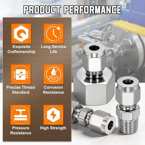 10 Pack 304 Stainless Steel Compression Tube Pipe Fitting, 1/4" OD Compression x 1/8" NPT Male Union Connector, Straight Coupling Adapter Pipe Fitting with Double Ferrules Tape in Kuwait