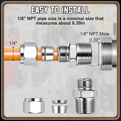 10 Pack 304 Stainless Steel Compression Tube Pipe Fitting, 1/4" OD Compression x 1/8" NPT Male Union Connector, Straight Coupling Adapter Pipe Fitting with Double Ferrules Tape in Kuwait