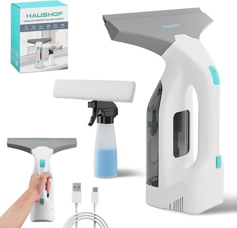 HAUSHOF Electric Window Vacuum Squeegee 11", Vacuum Squeegee Cordless Cleaner Tool Set, Window Vac with 300ml Spray Bottle & 100ml Water Tank for Mirror, Countertop, Showers in Kuwait