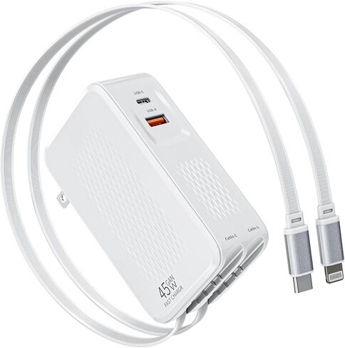 شاحن iPhone قابل للسحب شحن سريع، شاحن حائط 4 في 1 قابل للسحب بقدرة 45 وات، قابس متعدد المنافذ، قابل للطي وكابلات Lightning وUSB C لهواتف iPhone 17Pro Max/16/15/14/13/12/11، وiPad، وAirPods in Kuwait
