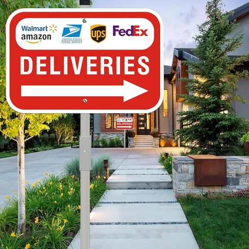 Package Deliveries Sign with Right Direction Arrow, 12x8 Inch Aluminum Metal Sign with 28" Stake, Rust-Free, Outdoor Use, Delivery Instruction for Amazon FedEx USPS UPS Packages in Kuwait