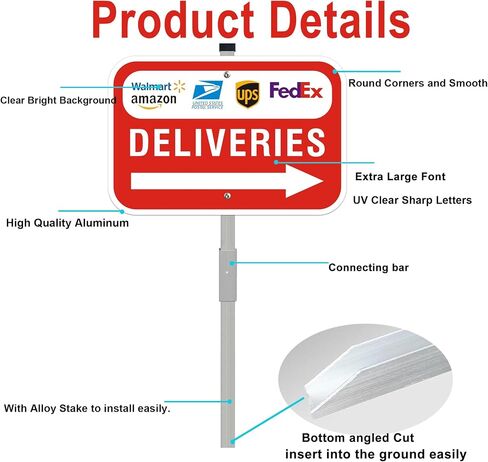 Package Deliveries Sign with Right Direction Arrow, 12x8 Inch Aluminum Metal Sign with 28" Stake, Rust-Free, Outdoor Use, Delivery Instruction for Amazon FedEx USPS UPS Packages in Kuwait