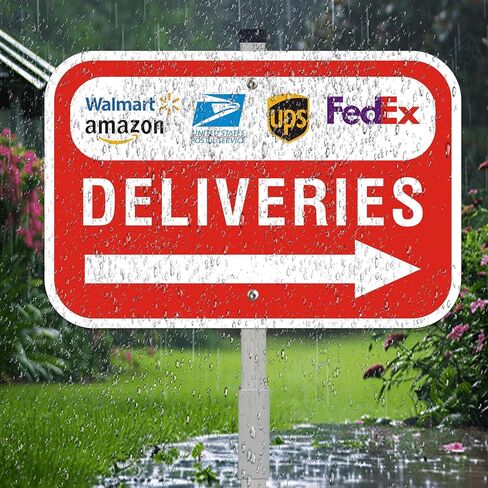 Package Deliveries Sign with Right Direction Arrow, 12x8 Inch Aluminum Metal Sign with 28" Stake, Rust-Free, Outdoor Use, Delivery Instruction for Amazon FedEx USPS UPS Packages in Kuwait