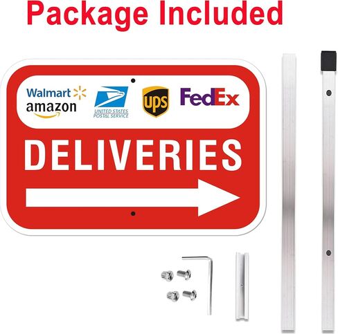 Package Deliveries Sign with Right Direction Arrow, 12x8 Inch Aluminum Metal Sign with 28" Stake, Rust-Free, Outdoor Use, Delivery Instruction for Amazon FedEx USPS UPS Packages in Kuwait
