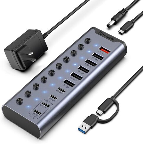 Powered USB Hub, 10-Port USB C Hub with 6*USB-A 3.2, 2*USB-C 3.2 and 2*PD 45W Charging Ports Individual Switches and 24V/3A Power Adapter, USB Extension for MacBook, PC and More. in Kuwait