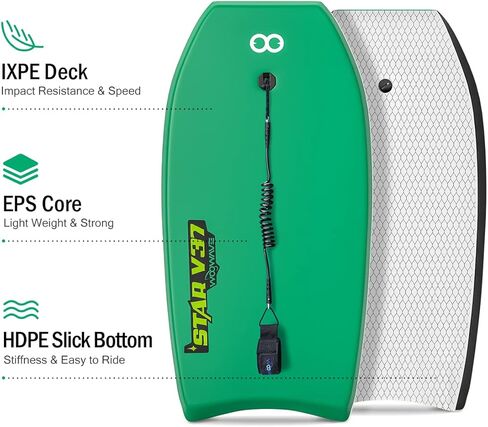 WOOWAVE Bodyboard 33 بوصة/37 بوصة/42 بوصة لوح جسم IXPE ممتاز مع مقود معصم ملفوف، نواة EPS خفيفة الوزن للغاية وجزء سفلي من البولي إيثيلين عالي الكثافة، مثالي لركوب الأمواج للأطفال والمراهقين والبالغين (33 بوصة، أخضر) in Kuwait