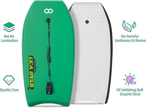 WOOWAVE Bodyboard 33 بوصة/37 بوصة/42 بوصة لوح جسم IXPE ممتاز مع مقود معصم ملفوف، نواة EPS خفيفة الوزن للغاية وجزء سفلي من البولي إيثيلين عالي الكثافة، مثالي لركوب الأمواج للأطفال والمراهقين والبالغين (33 بوصة، أخضر) in Kuwait