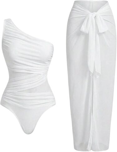 SHENHE Women's One Piece Swimsuit with Cover Up Sarong Wrap One Shoulder Mesh Bathing Suit in Kuwait