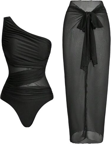 SHENHE Women's One Piece Swimsuit with Cover Up Sarong Wrap One Shoulder Mesh Bathing Suit in Kuwait