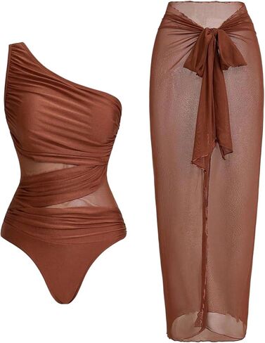 SHENHE Women's One Piece Swimsuit with Cover Up Sarong Wrap One Shoulder Mesh Bathing Suit in Kuwait