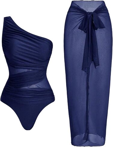 SHENHE Women's One Piece Swimsuit with Cover Up Sarong Wrap One Shoulder Mesh Bathing Suit in Kuwait