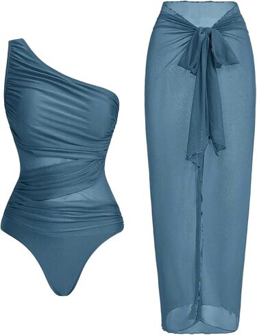 SHENHE Women's One Piece Swimsuit with Cover Up Sarong Wrap One Shoulder Mesh Bathing Suit in Kuwait