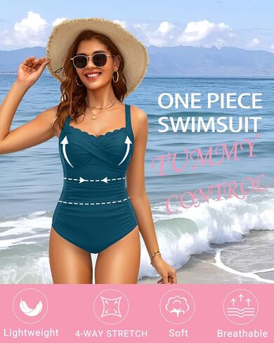 Daci Teal One Piece Swimsuit for Women - Tummy Control Bathing Suit with Scalloped Square Neck Retro Swimwear 2026 XL in Kuwait