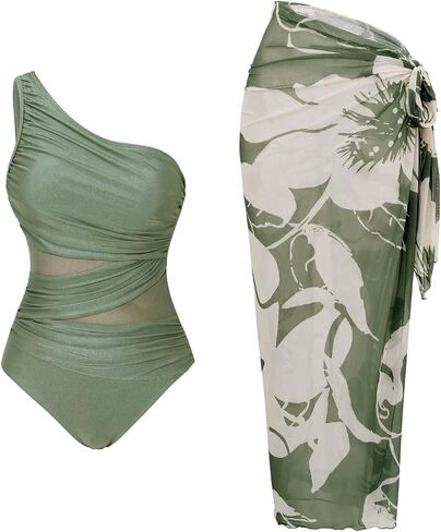 SHENHE Women's One Piece Swimsuit with Cover Up Sarong Wrap One Shoulder Mesh Bathing Suit in Kuwait