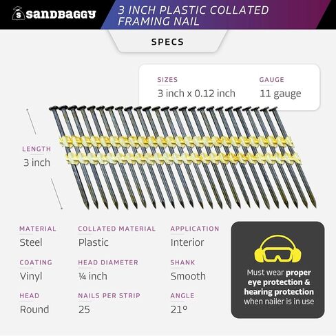 Sandbaggy 21 Degree Framing Nails (3 inch x 0.12 inch) - Plastic Strip Collated Nails - 1/4" Round Head, Smooth Shank, Vinyl Coated - 11 Gauge (2000) in Kuwait
