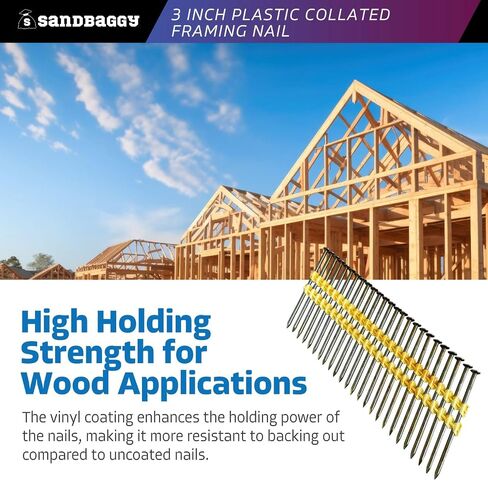 Sandbaggy 21 Degree Framing Nails (3 inch x 0.12 inch) - Plastic Strip Collated Nails - 1/4" Round Head, Smooth Shank, Vinyl Coated - 11 Gauge (2000) in Kuwait