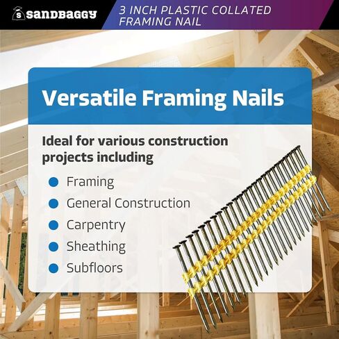 Sandbaggy 21 Degree Framing Nails (3 inch x 0.12 inch) - Plastic Strip Collated Nails - 1/4" Round Head, Smooth Shank, Vinyl Coated - 11 Gauge (2000) in Kuwait